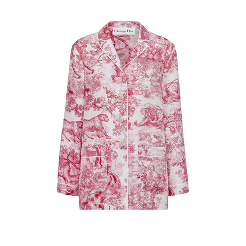 DIOR/迪奧 22年早春新款 CHEZ MOI系列 女士白色和紅色桑蠶絲斜紋茹伊印花長(zhǎng)袖襯衫111V33A6805_X0817