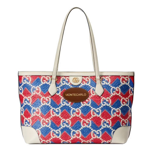 GUCCI/古馳 22新款 女士藍(lán)色/紅色稻草效果面料配皮革GG老花“Montecarlo”字樣刺繡手提包托特包631685UYFCG6288