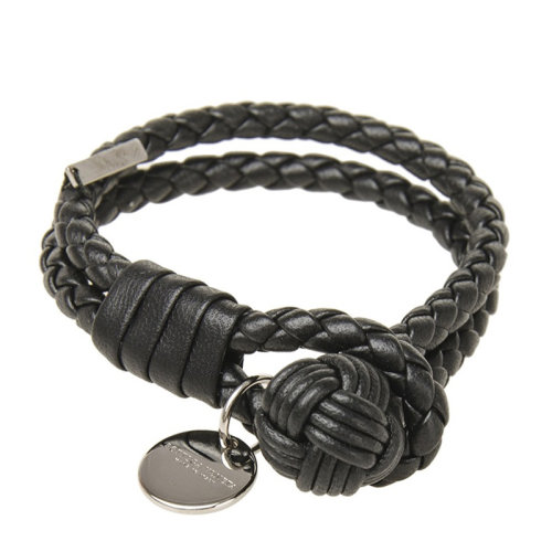 Bottega Veneta/葆蝶家 男女同款 黑色羊皮編織手鏈圓形吊墜 男士手鏈 113546-V001D-1000