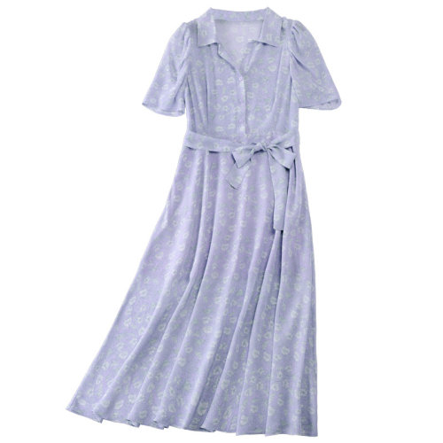 GeleiStory/GeleiStory 紫色真絲連衣裙桑蠶絲女2021夏季新款系帶收腰碎花長款襯衫裙子仙女士連衣裙