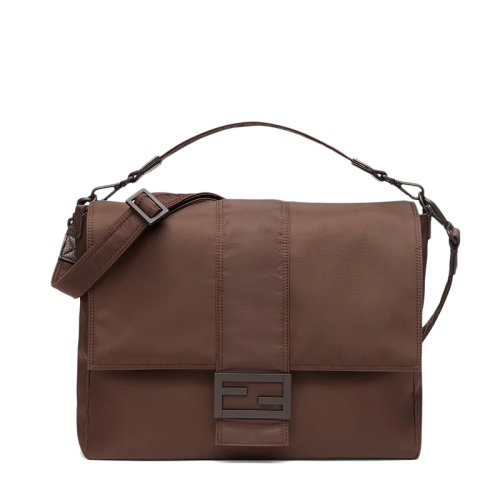 FENDI/芬迪 BAGUETTE系列 男士大號棕色再生尼龍FF搭扣翻蓋單肩斜挎法棍信差包7VA536AG0PF0TU7