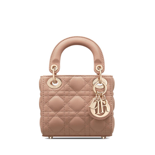 DIOR/迪奧 經(jīng)典款LADY DIOR系列 女士微型淺粉色藤格紋羊皮革飾金扣單肩斜挎手提戴妃包S0856ONGE_M49P