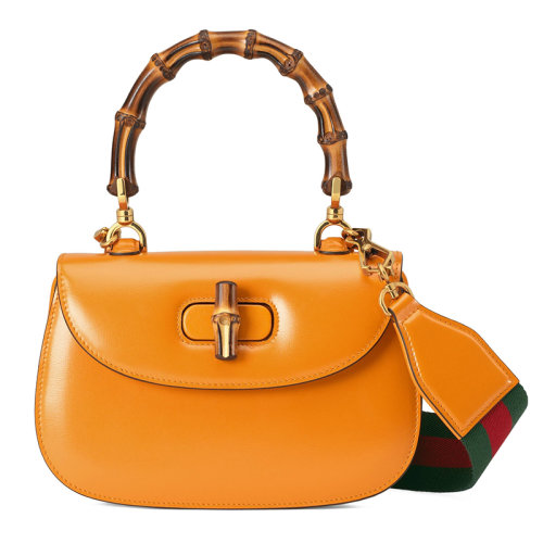 GUCCI/古馳  女士小號黃色皮革竹節(jié)配件附皮革和織帶互換肩帶竹子提手飾面斜跨單肩手提包67579710ODT7769