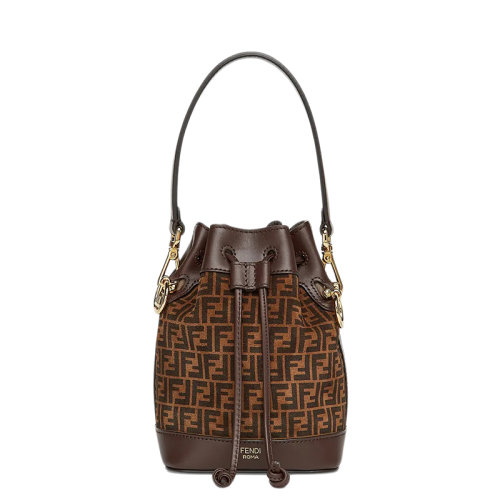 FENDI/芬迪 MON TRESOR系列 迷你棕色皮革拼色FF圖案印花抽繩水桶包單肩手提包8BS010AFISF1E3L