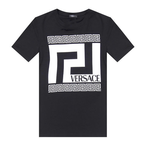 VERSACE/范思哲 女士黑色棉質(zhì)經(jīng)典字母徽標印花裝飾羅紋圓領上衣短袖T恤 1001516-1A00769-2B020