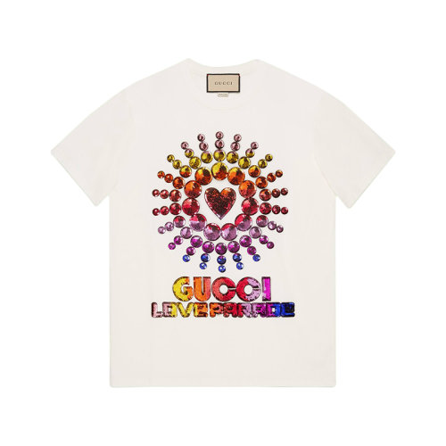 GUCCI/古馳 22年春夏新款 愛的進(jìn)行曲系列 女士白色純棉心形亮片刺繡短袖T恤615044XJEN49088