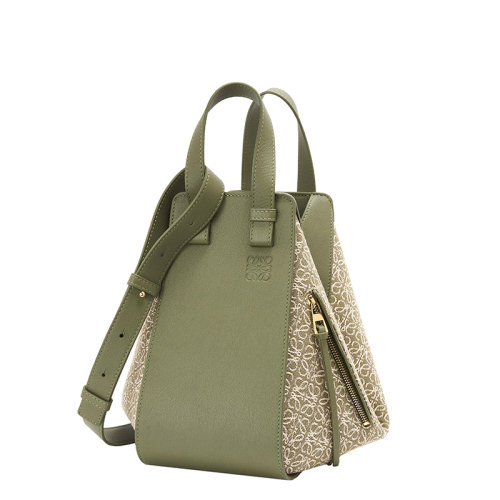 Loewe/羅意威 22春夏新款Hammock系列 女士小號牛油果綠色提花布和牛皮革拼接可手提單肩斜挎吊床包 0010701407