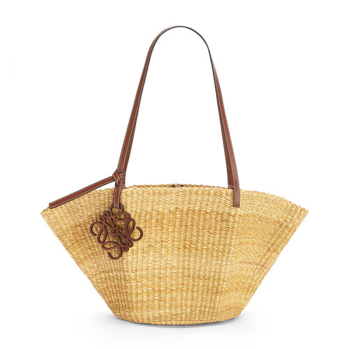 LOEWE/羅意威  Shell Basket系列 女士小號天然/山核桃象草/小牛皮徽標飾物貝殼手提斜挎單肩包0010444750