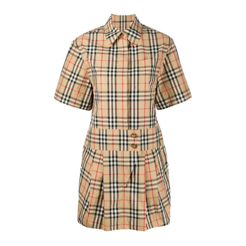 BURBERRY/博柏利女裝 服裝 棉質(zhì)復(fù)古駝色格紋短袖襯衫式 女士裙裝女士連衣裙 8014190經(jīng)典格紋