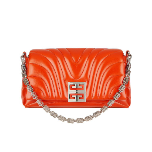 Givenchy/紀(jì)梵希 22新款 女士橙色絎縫小牛皮配有金屬磁扣翻蓋金屬鏈短肩帶銀色飾面金屬單肩斜挎包BB50QAB1LK-801