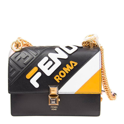 FENDI/芬迪 KAN I系列女士黑粉拼色牛皮雙F印花浮雕LOGO翻蓋單肩包斜挎包女包 8M0381-A5PL-F15LC