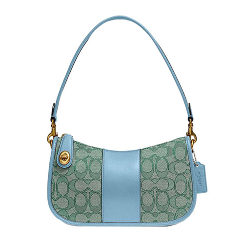 COACH/蔻馳【專柜款】SWINGER系列小號女士海軍藍多色織物配皮經典雙C字母徽標印花單肩包手提包腋下包女包 C0721B4RH3