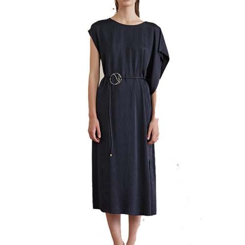 HUI/卉 女士連衣裙19春夏藍色條紋顯瘦連衣裙