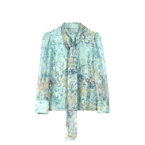 GeleiStory/GeleiStory GELEISTORY 2022秋季新款印花立領(lǐng)質(zhì)感親膚柔順薄透飄帶氣質(zhì)水墨燈籠袖襯衫