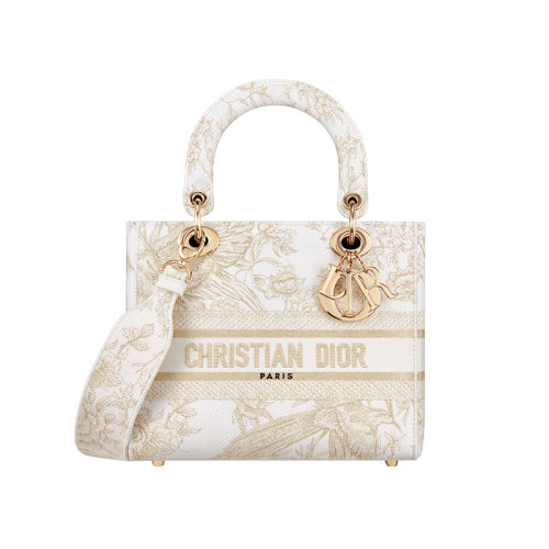 DIOR/迪奧 23新款 lady系列 女士中號(hào)白色帆布金色金屬線刺繡字母標(biāo)志拆卸刺繡寬肩帶單肩斜挎手提包M0565ORZF_M981