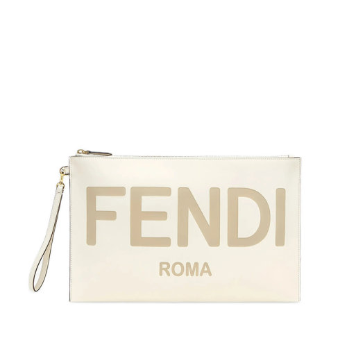 FENDI/芬迪  女士大號白色小牛皮熱印徽標(biāo)拉鏈封口金色飾面金屬配飾可拆卸腕帶手拿包8N0178AC9LF0K7E