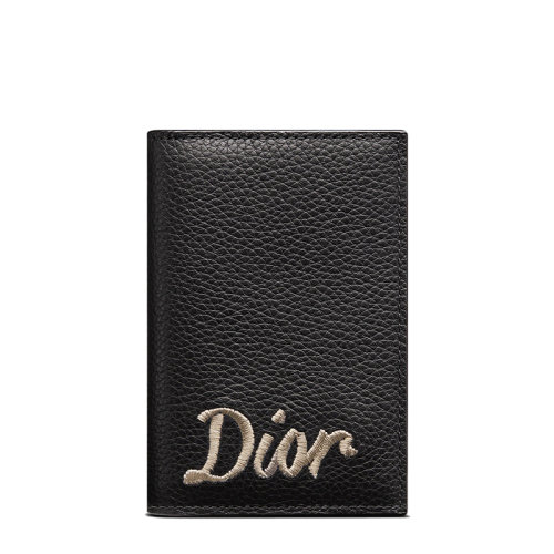 DIOR/迪奧 22新款 男士黑色粒面牛皮革“Dior”絲帶狀標(biāo)志雙折卡夾2ESCH138RIB_H00N