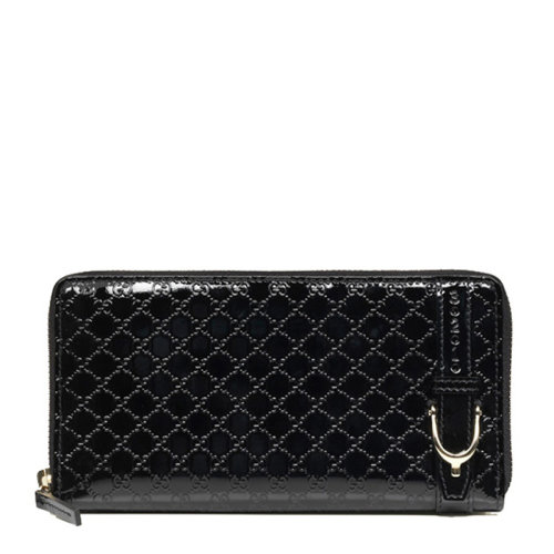 GUCCI 古馳 女士黑色漆皮皮帶扣裝飾長(zhǎng)款拉鏈錢(qián)包 309758 AV13G 1000