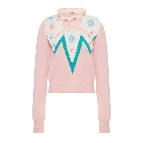 MiuMiu/繆繆 粉色 女士宮廷風(fēng)荷葉領(lǐng)飾羊毛針織衫 MMR359_1WC9_F0028