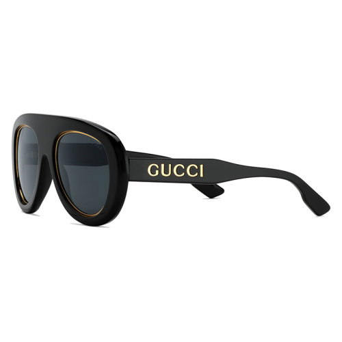 GUCCI/古馳 22年春夏新款 男士純灰色鏡片光澤感黑色醋纖鏡框金色調(diào)金屬飾邊領(lǐng)航員太陽(yáng)眼鏡墨鏡691373J07401012