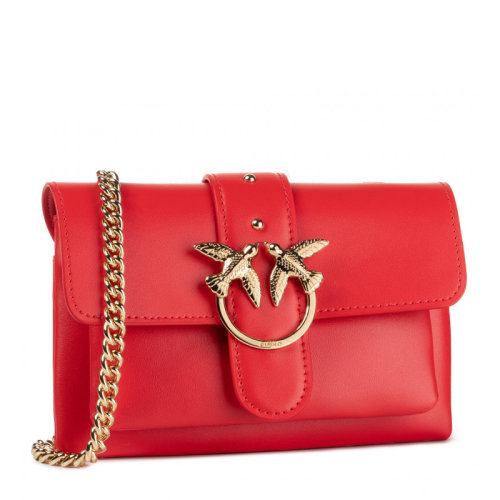 Pinko/品高  女士紅色小牛皮,Saffiano皮革鉚釘燕子裝飾鏈條包時尚單肩包