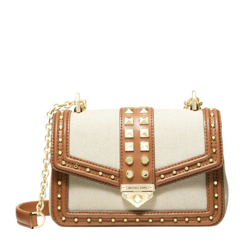 Michael Kors/邁克·科爾斯 女士米棕拼色帆布配皮金屬倒三角字母徽標(biāo)鉚釘裝飾單肩包斜挎包女包 30T1G1SL5C-NATURAL