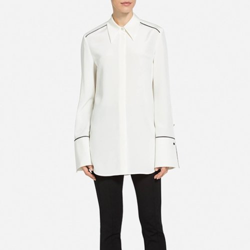 St.John/盛薔女士白色真絲翻領(lǐng)寬松長袖女士短袖襯衫K310WL1