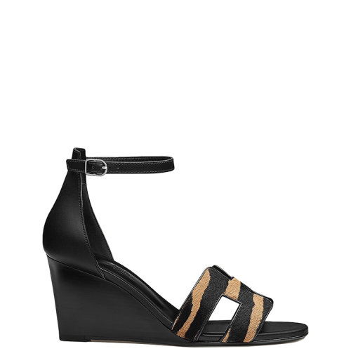 HERMES/愛馬仕 22年春夏新款 Legend系列 女士黑色/米色小牛皮H標(biāo)志動(dòng)物紋坡跟涼鞋H212190Z03360