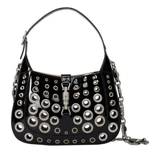 GUCCI/古馳 22新款 Jackie 1961系列 女士黑色漆皮金屬鏤空銀色飾面單肩手提包?7037441J7CN8180