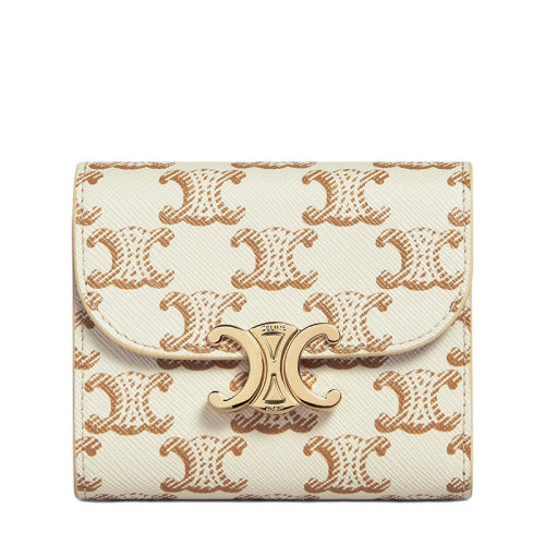 CELINE/賽琳  小號(hào)白色凱旋印花涂層帆布牛皮襯里凱旋金扣短款錢(qián)包10D782CQH.01TA