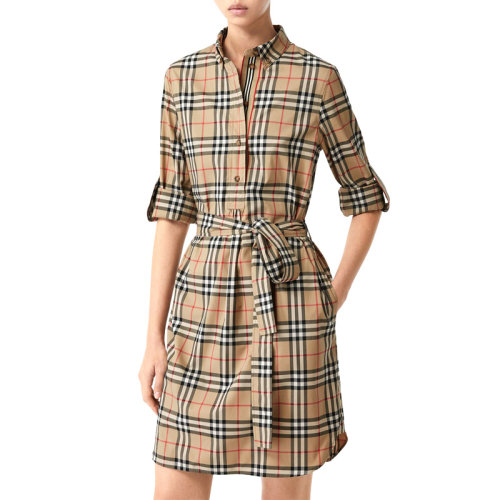 Burberry 博柏利 新品 女裝 服飾 米黃色翻領(lǐng)系腰襯衫式 女士連衣裙裙裝