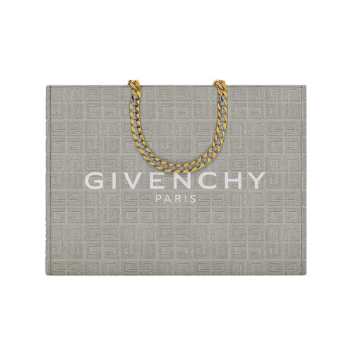Givenchy/紀(jì)梵希 22新款 Cabas G系列 女士石灰色刺繡帆布?jí)夯▓D案白色字母標(biāo)志拆卸小牛皮寬肩帶編織金屬鏈條提手金色飾面單肩手提托特包BB50QPB1LR-099