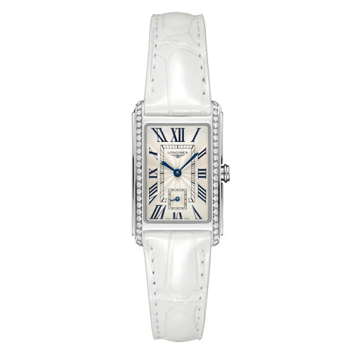 LONGINES/浪琴 黛綽維納系列 男女同款46顆韋塞爾頓美鉆0.552克拉石英機芯長方形銀色表盤白色鱷魚皮表帶手表L5.512.0.71.2