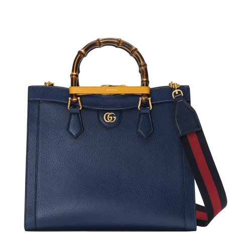 GUCCI/古馳 22春夏新款Diana系列 女士中號藍色皮革竹節(jié)手柄橙黃色飾帶金扣手提單肩托特包 678842U3ZDT4862