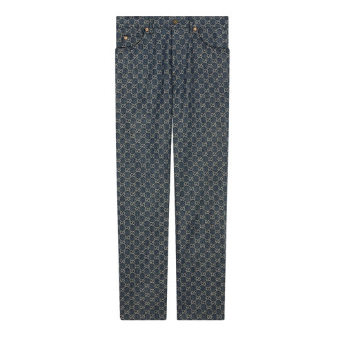 GUCCI/古馳 22年秋冬新款 男士深藍(lán)色/象牙白色純棉丹寧面料老花圖案長褲649092XDBK14266