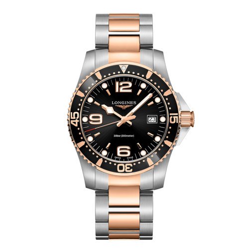 LONGINES/浪琴  康卡斯?jié)撍盗?石英表黑盤精鋼粉色PVD表殼表帶男表41毫米L3.740.3.58.7