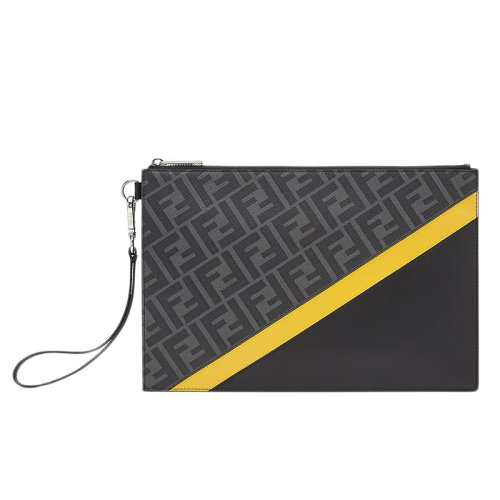 FENDI/芬迪   男士灰色老花圖案拼黑色黃色皮革手拿包7N0110A9XSF0R2A