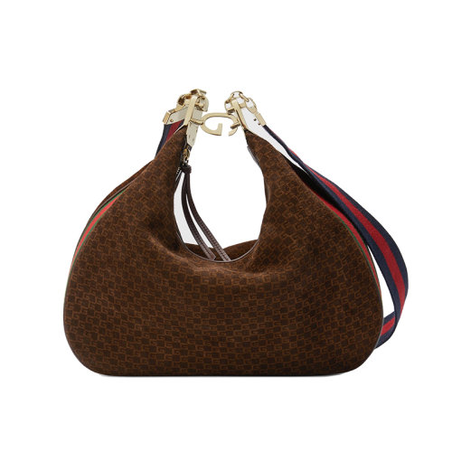 GUCCI/古馳 23春夏新款 Attache系列 女士大號深棕色絨面革金色飾面拆卸織帶肩帶G形鉤拉鏈開合單肩包702823AABET2556