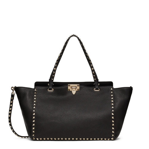 Valentino/華倫天奴 21新款 ROCKSTUD系列 女士中號(hào)黑色粒面小牛皮鎖扣金屬鉚釘手提單肩包ZW2B0970VSF0NO