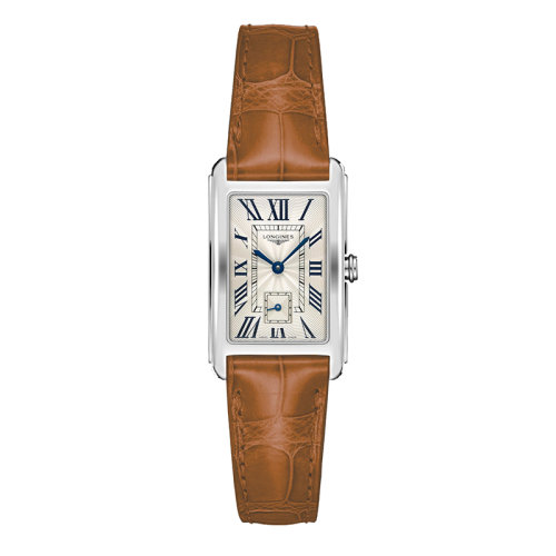  LONGINES/浪琴 黛綽維納系列 女士銀色“flinqué”石英精鋼表殼和鱷魚紋小牛皮表帶防刮藍(lán)寶石水晶玻璃腕表23.3X37毫米L5.512.4.71.4