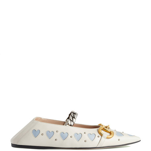 GUCCI/古馳 22年秋冬新款 Lovelight系列 女士白色皮革飾水晶和馬銜扣芭蕾平底鞋?713868BKO609042