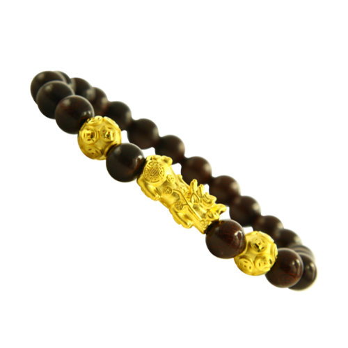 GJY/古金玥 神獸貔貅 3D硬金999足金小葉紫檀配貔貅黃金轉(zhuǎn)運珠手鏈