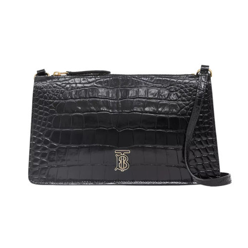 BURBERRY/博柏利 22新款 女士黑色小牛皮鱷魚紋壓花TB字母組合拉鏈開合手拿包80606481