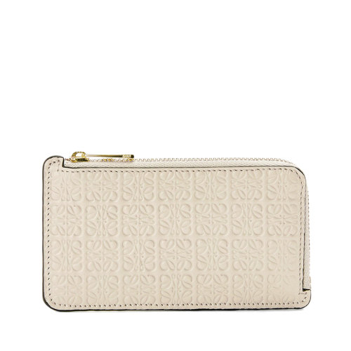 LOEWE/羅意威 Repeat系列 女士淺燕麥色徽標(biāo)壓花小牛皮拉鏈卡包零錢包00106423