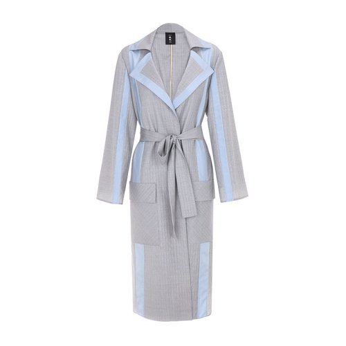 bifu by xingchen/彼伏 灰色格紋羊毛拼藍條紋廓型女士風衣