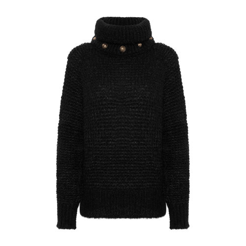 Balmain/巴爾曼 黑色 女士徽標金屬扣飾可拆裝高領馬海毛毛衣 UF13236K111  早秋