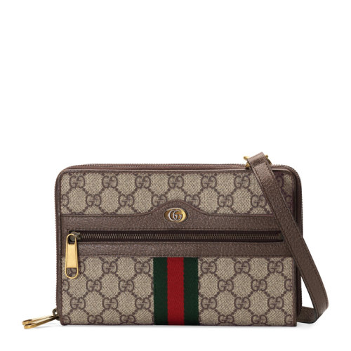 GUCCI/古馳   男士米色小牛皮經(jīng)典雙G印花紅綠條紋配色單肩包斜挎包