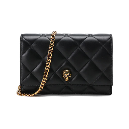 Alexander McQueen/亞歷山大麥昆【22春夏新款】女士皮革骷髏頭裝飾單肩斜挎包鏈條包手拿包小號(hào) 613088 1VCAF