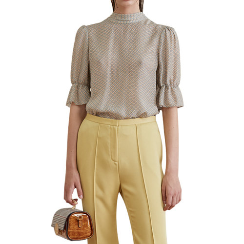 HUI/卉 女士短袖襯衫19夏季黃色碎花套頭衫復(fù)古泡泡袖半高領(lǐng)上衣