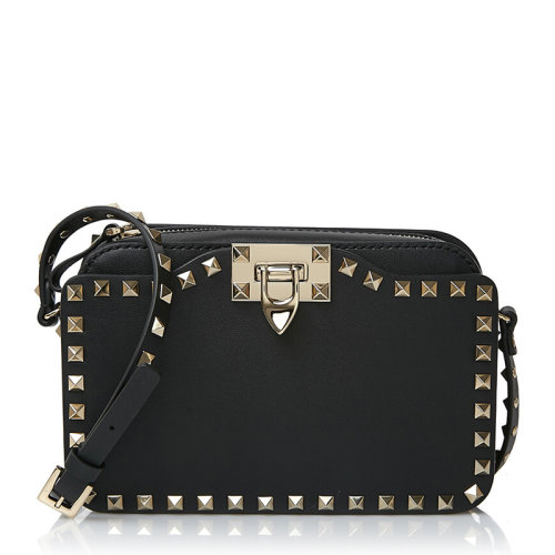 Valentino/華倫天奴 Rockstud系列小號(hào)女士黑色牛皮經(jīng)典字母徽標(biāo)印花鉚釘裝飾拉鏈開(kāi)合單肩包斜挎包女包 RW2B0148-BOL-0NO